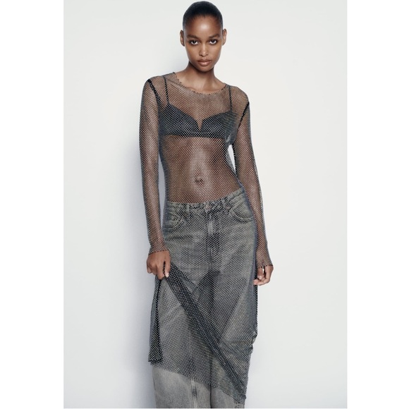 ZARA RHINESTONE MESH MIDI DRESS - Picture 6 of 11